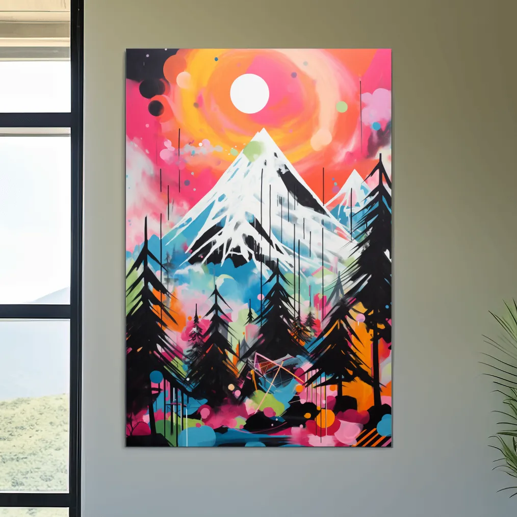 Vibrant Abstract Neon Mountain Glacier Sunset Painting - Colorful Alpine Wall Art