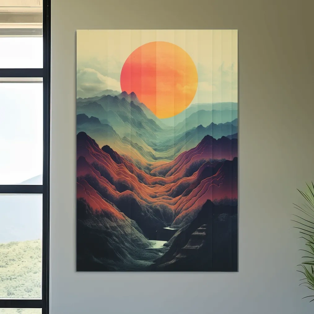 Illustrative art of a layered mountainous valley at sunset