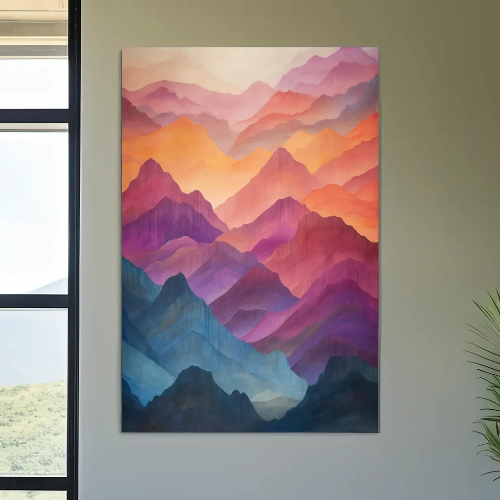 Vibrant colourful mountain range patterns, watercolour style illustration