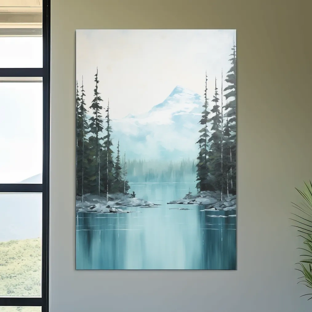Serene painting of a turquoise Canadian alpine lake
