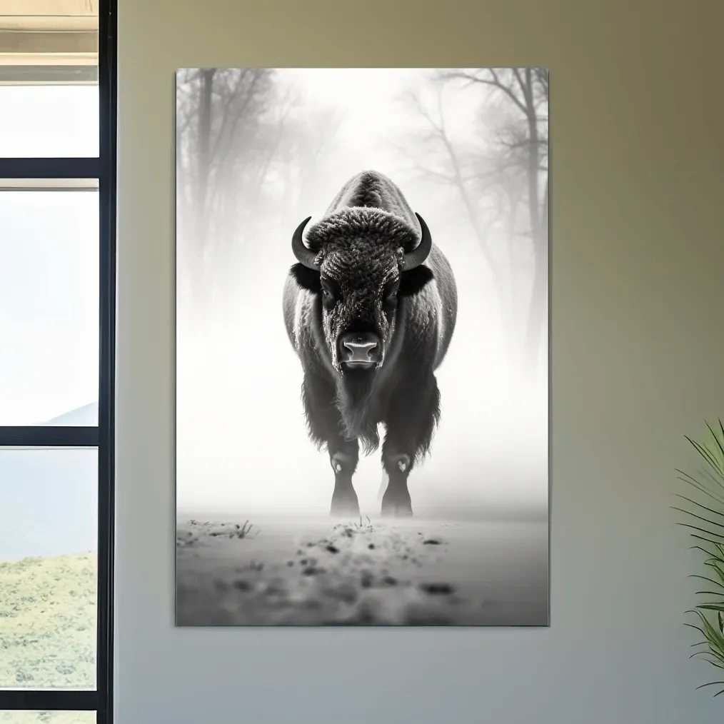 Black and white photo of a bison walking on snow