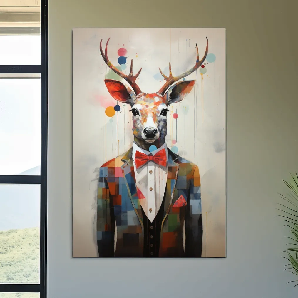 A collage style painting of a deer in a tuxedo
