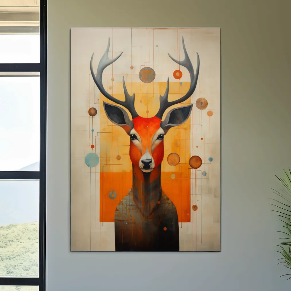 Rustic painting of a deers head with abstract shapes