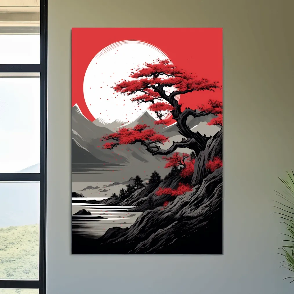 Japanese minimal art, bonsai tree on a cliff