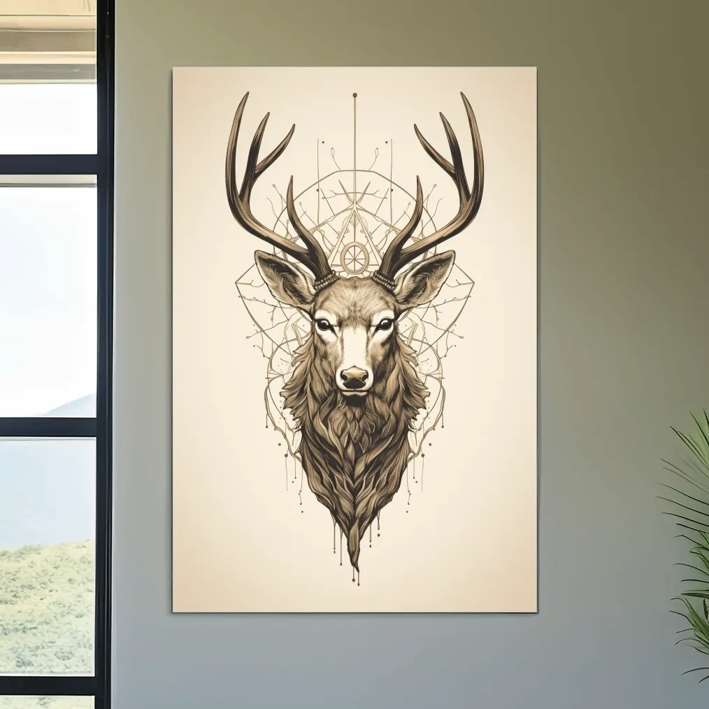Tattoo style art of an ornamental deer head