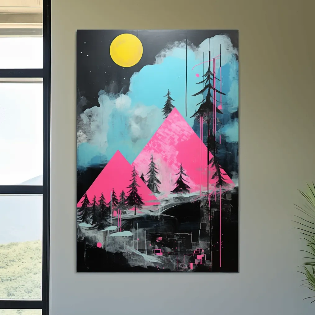 Pink and black acrylic painting, triangular abstract mountains