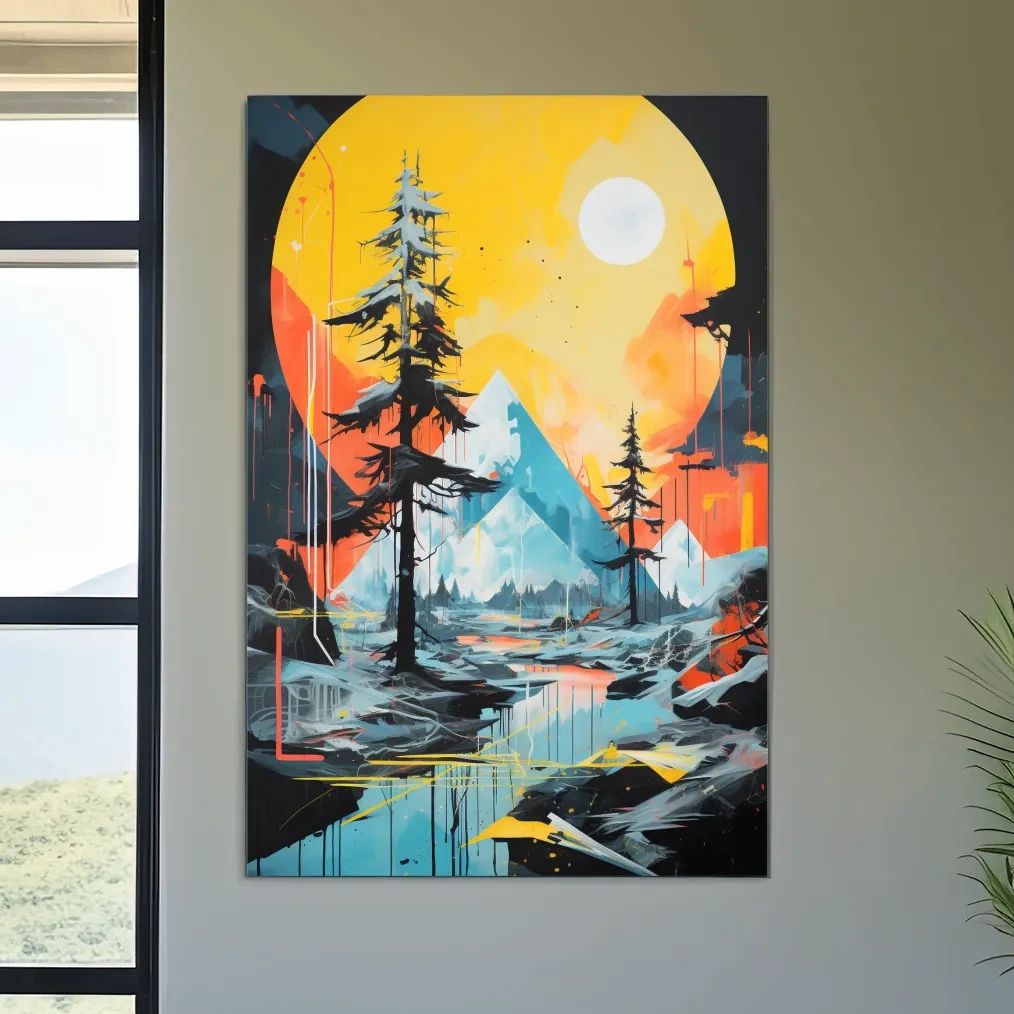 Vibrant Abstract Mountain Lake Sunset Painting - Modern Geometric Pine Forest Wall Art