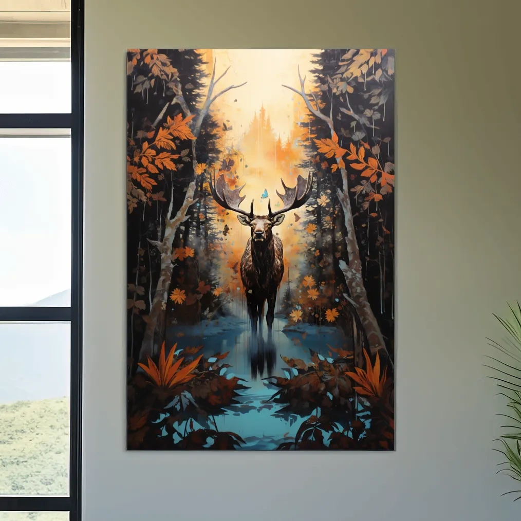 Painting of a moose in the woods in autumn
