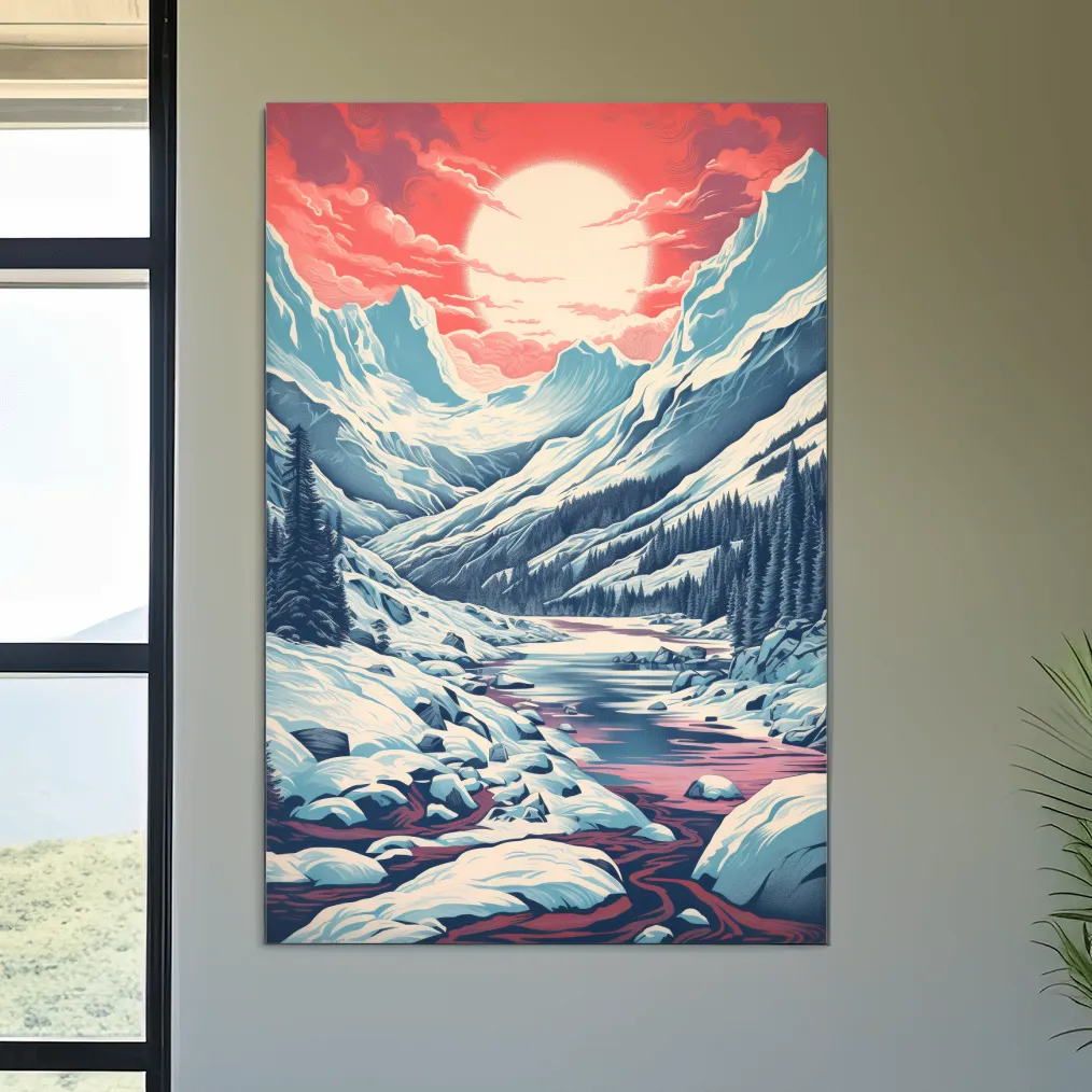 Illustration of an arctic valley at sunset