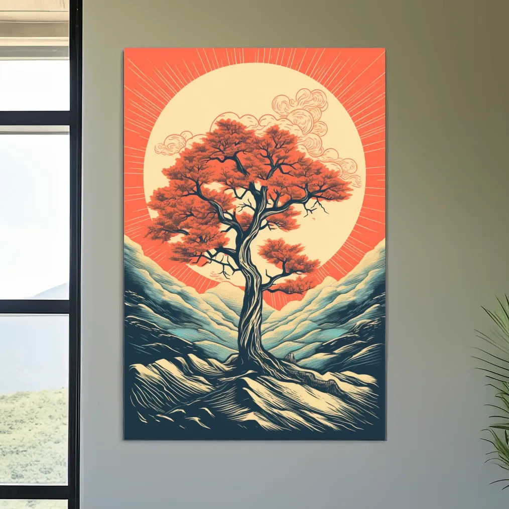 Dynamic vector illustration wall art poster of a tree at sunset
