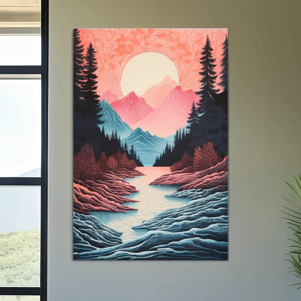  Risograph style illustration of an alpine valley at sunset 