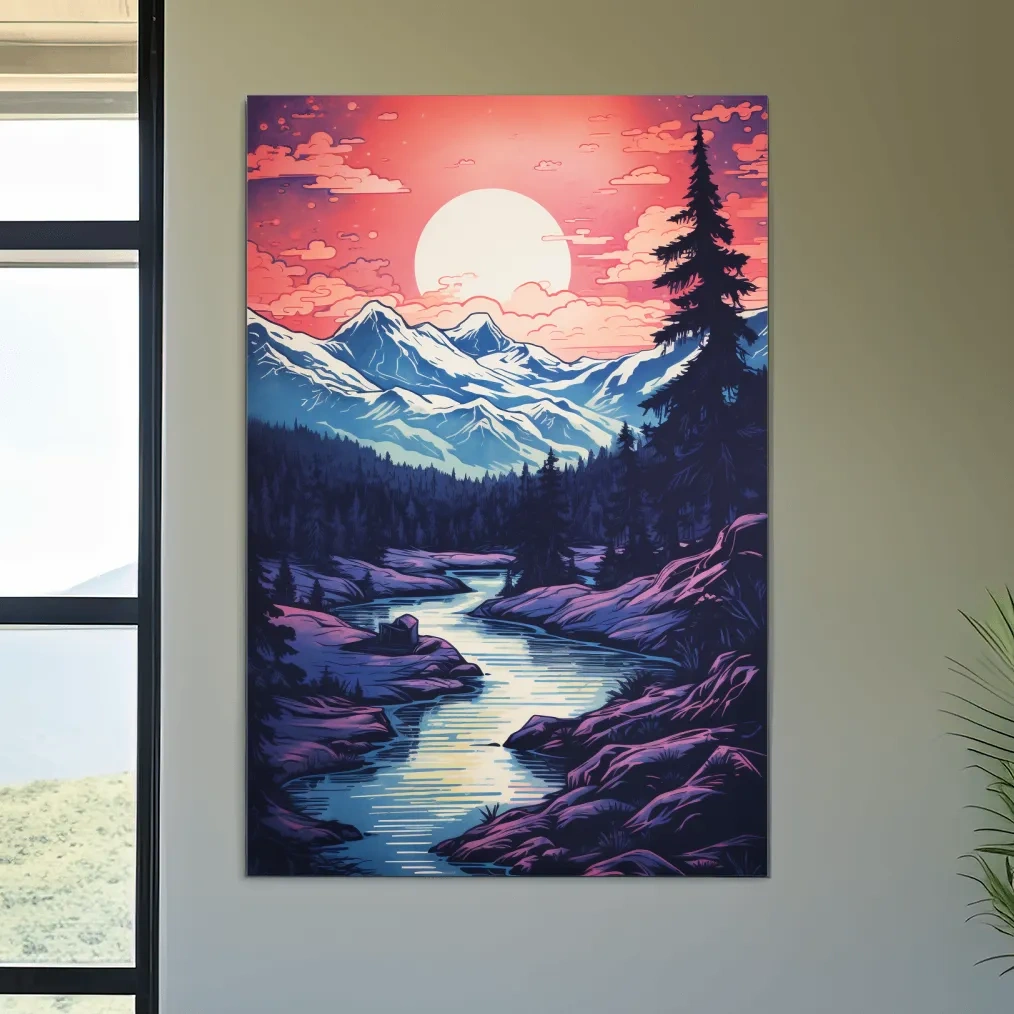 Surreal illustration of sunset over a glacier alpine scene