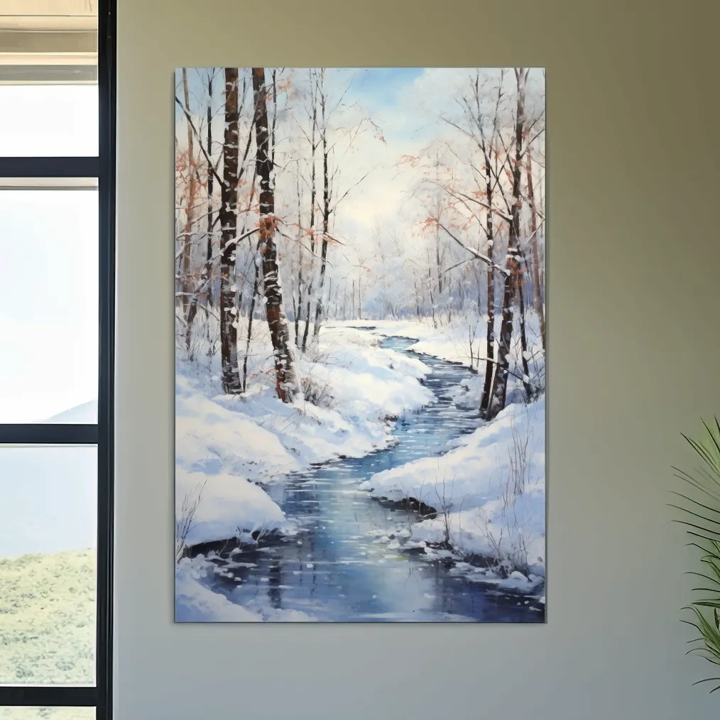 Oil painting of a stream running through a winter scene