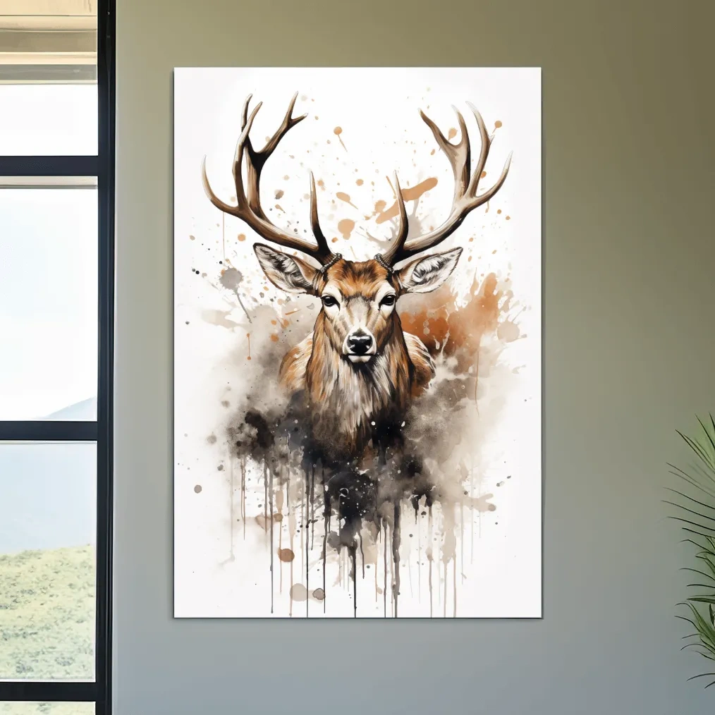 Splattered watercolour painting of a deers head