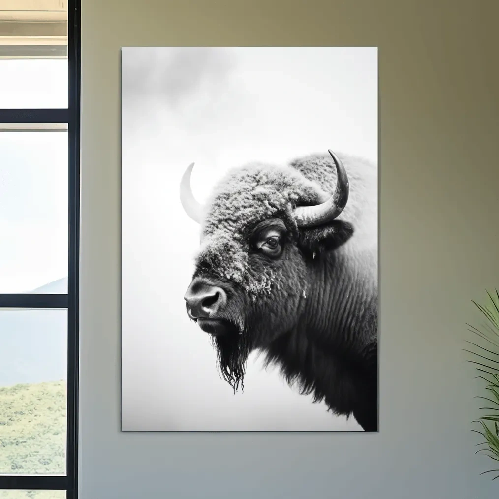 Moody Black And White Bison Portrait - Minimalist Photographic Wildlife Wall Art