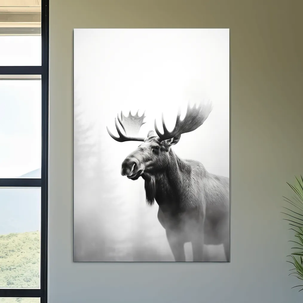 High contrast black and white photograph art of a large moose