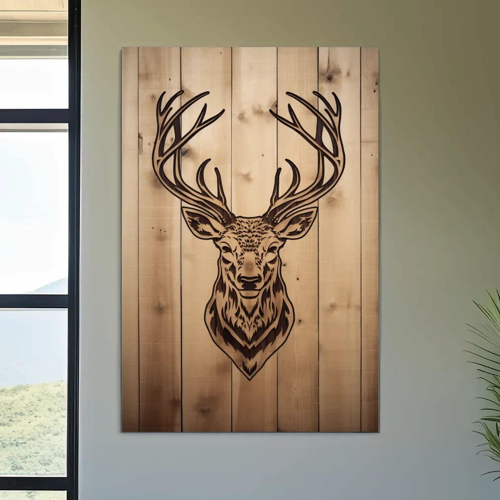 Wood engraving art of a deer head