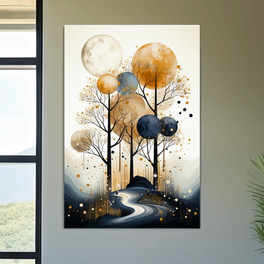 Surreal Golden Moonlit Forest River - Chic Boho Landscape Wall Art