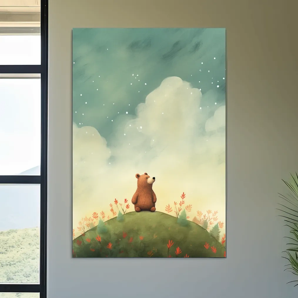 Whimsical Bear Cub Under Starry Sky - Nursery Watercolor Illustration Wall Art