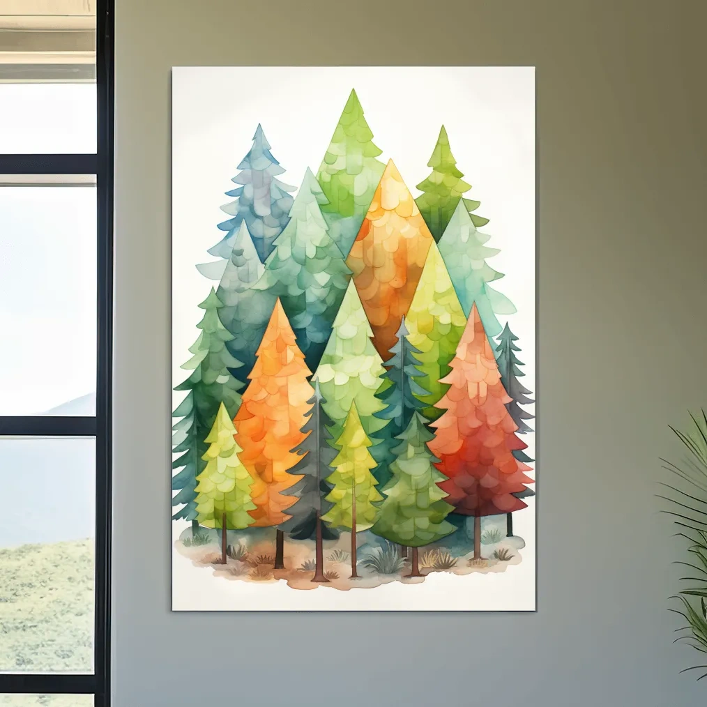 Whimsical Watercolor Pine Forest Illustration - Colorful Scandinavian Nature Wall Art