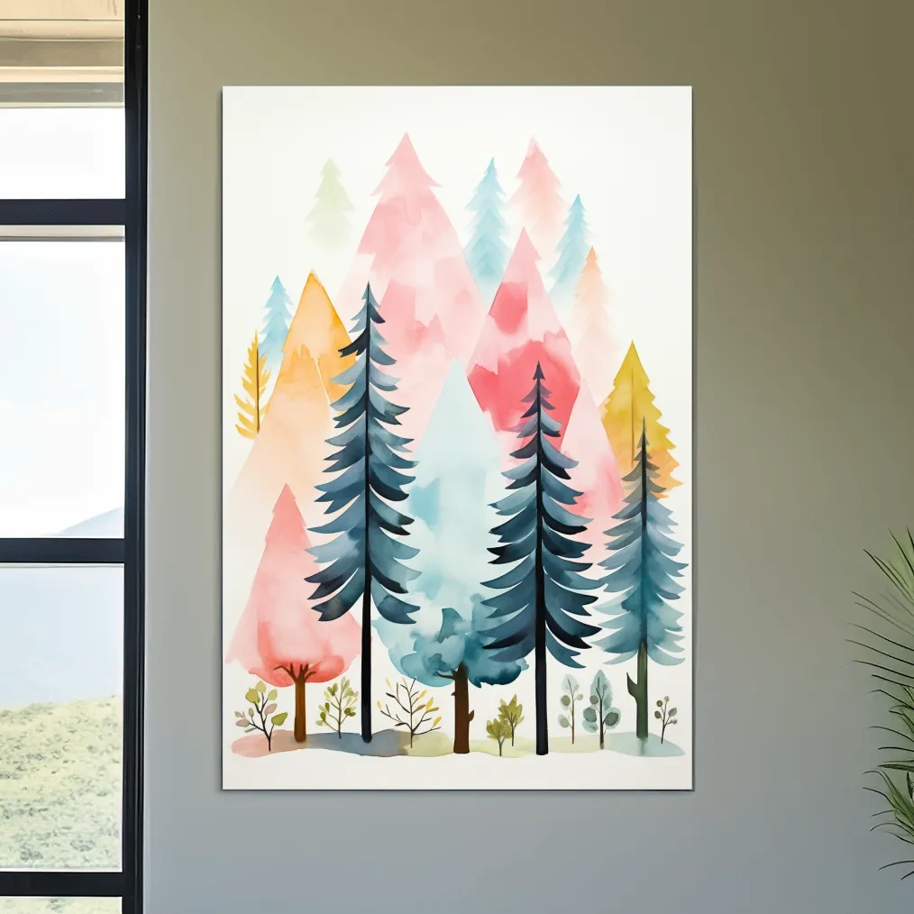 Watercolor style story book illustration art of a colorful forest