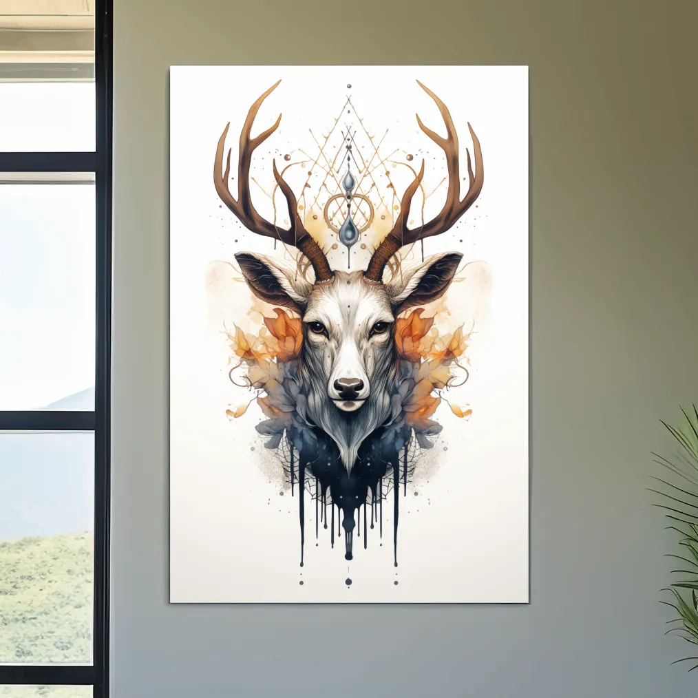 Ornate tribal style illustration of deer head with flowers
