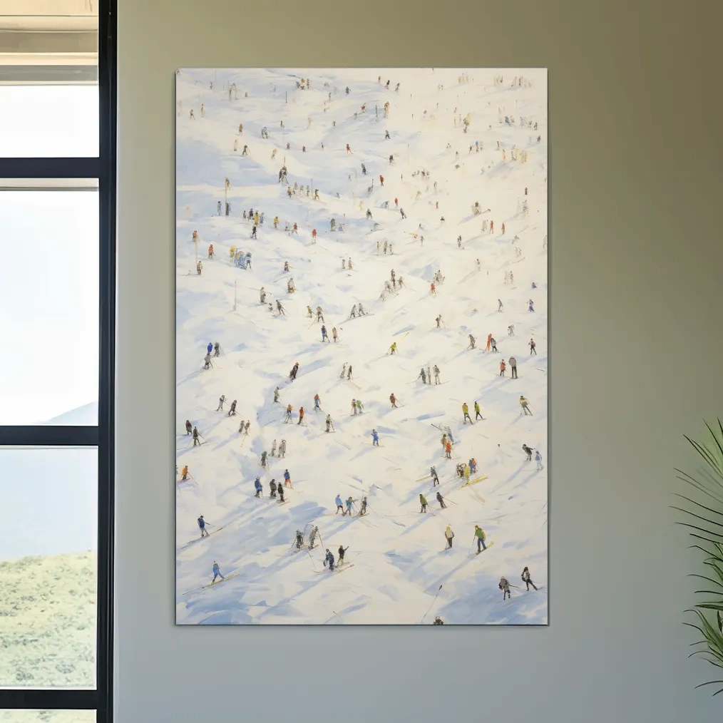 Painting of an aerial view of lots of skiers at a ski resort
