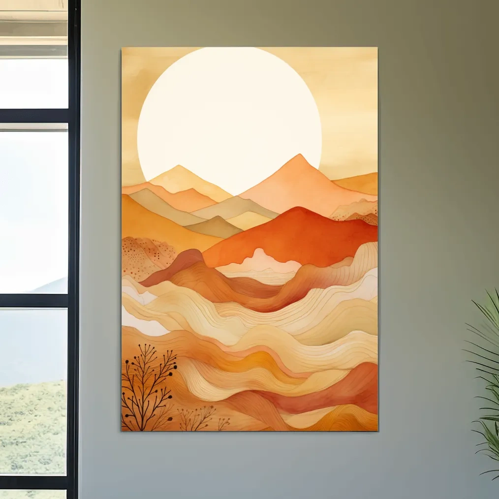 Watercolour illustration of mountain art shapes at sunset