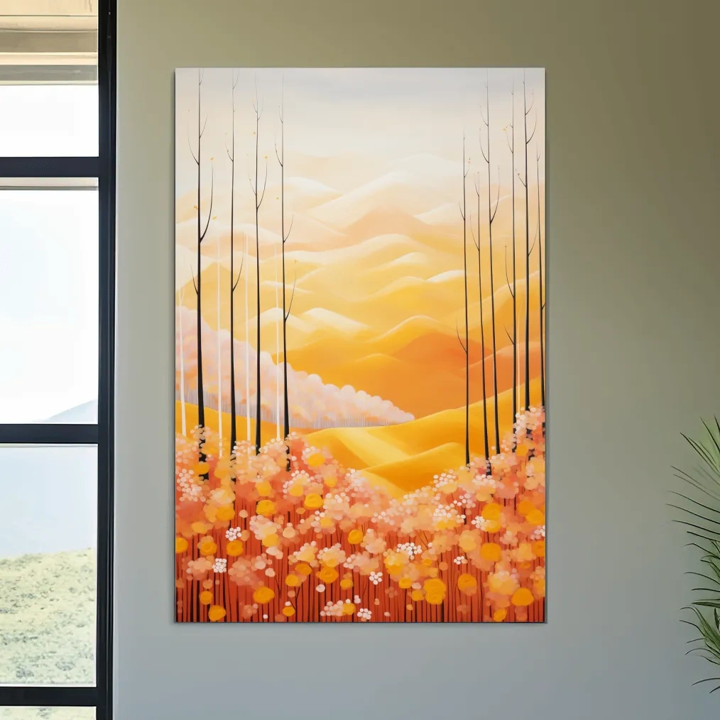 Storybook style illustration art of flowers, mountains and a forest in fall