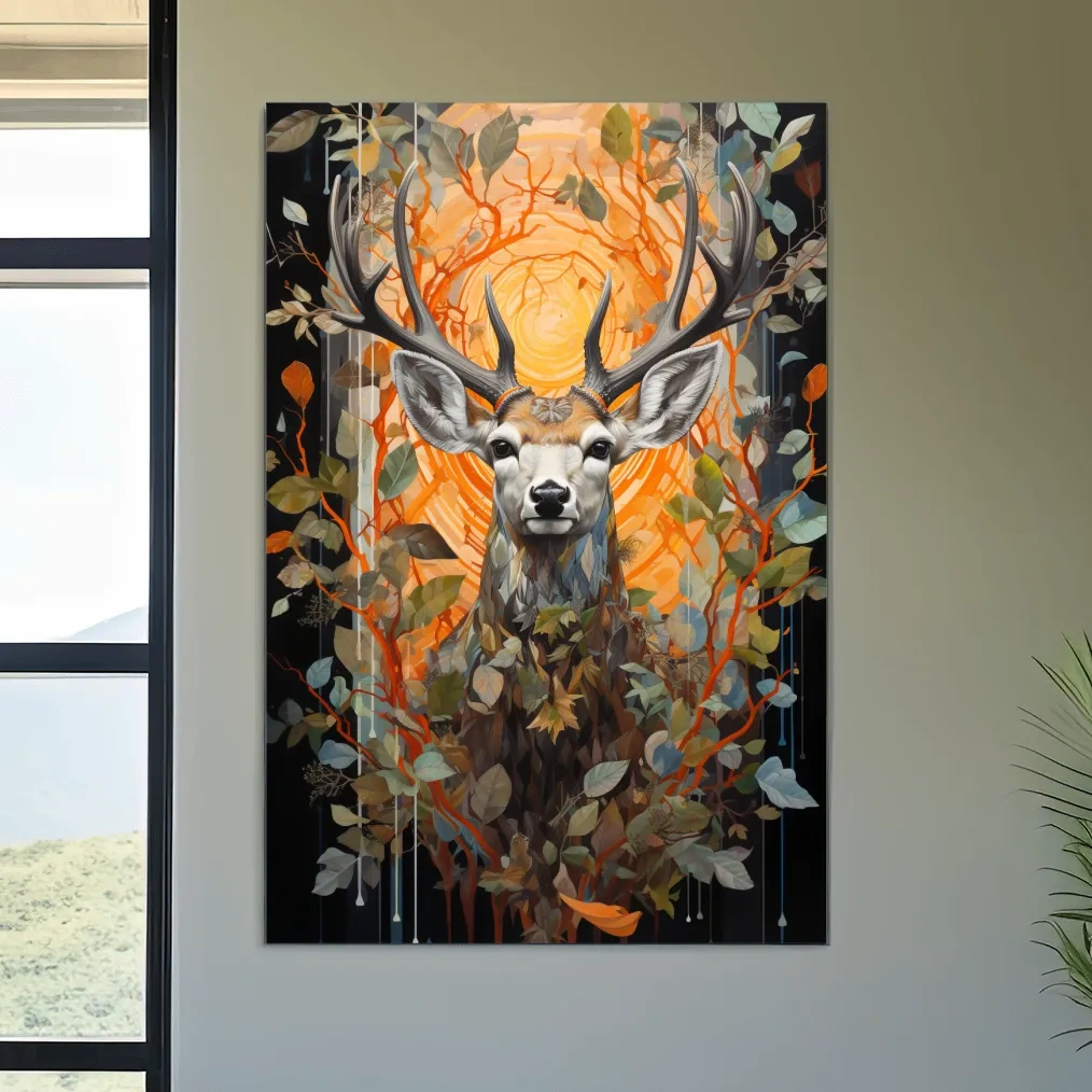 Floral ornate artwork of a deer head surrounded by foliage