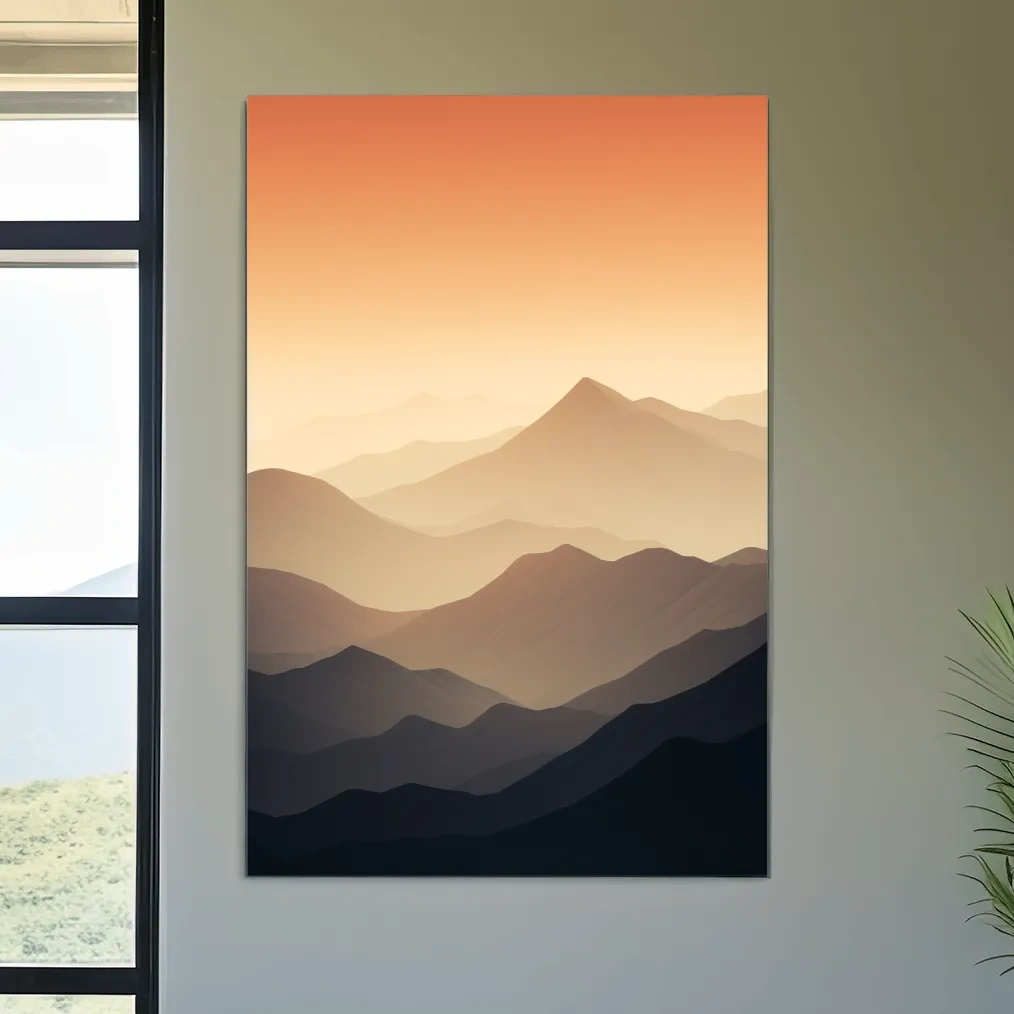 Subtle mountain sunset artwork, ridgelines fading into the sky