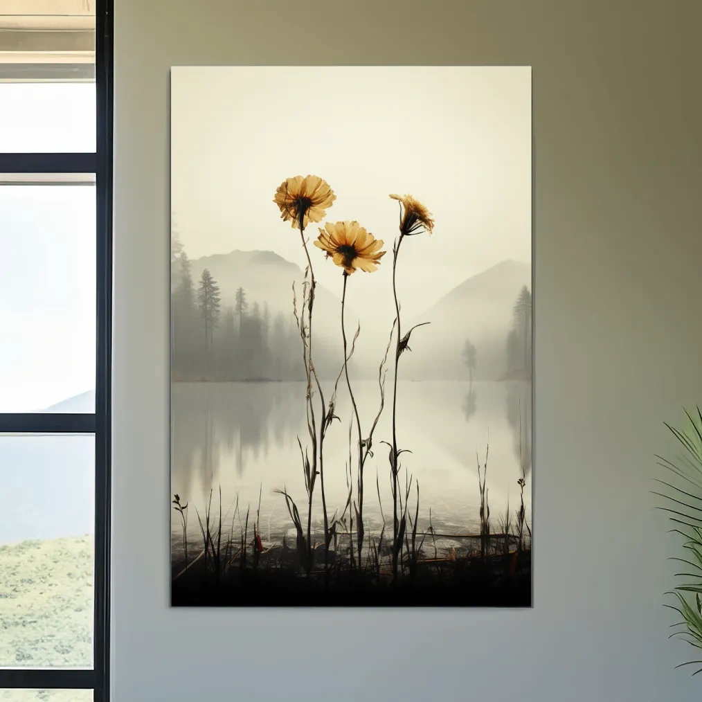 Photographic illustration, flowers on the misty lake shore