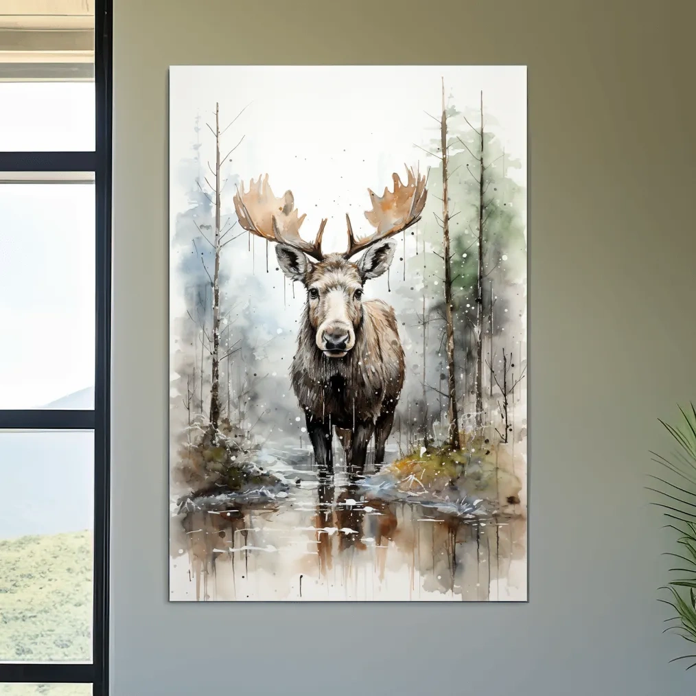 Watercolor painting of a moose in a forest lake