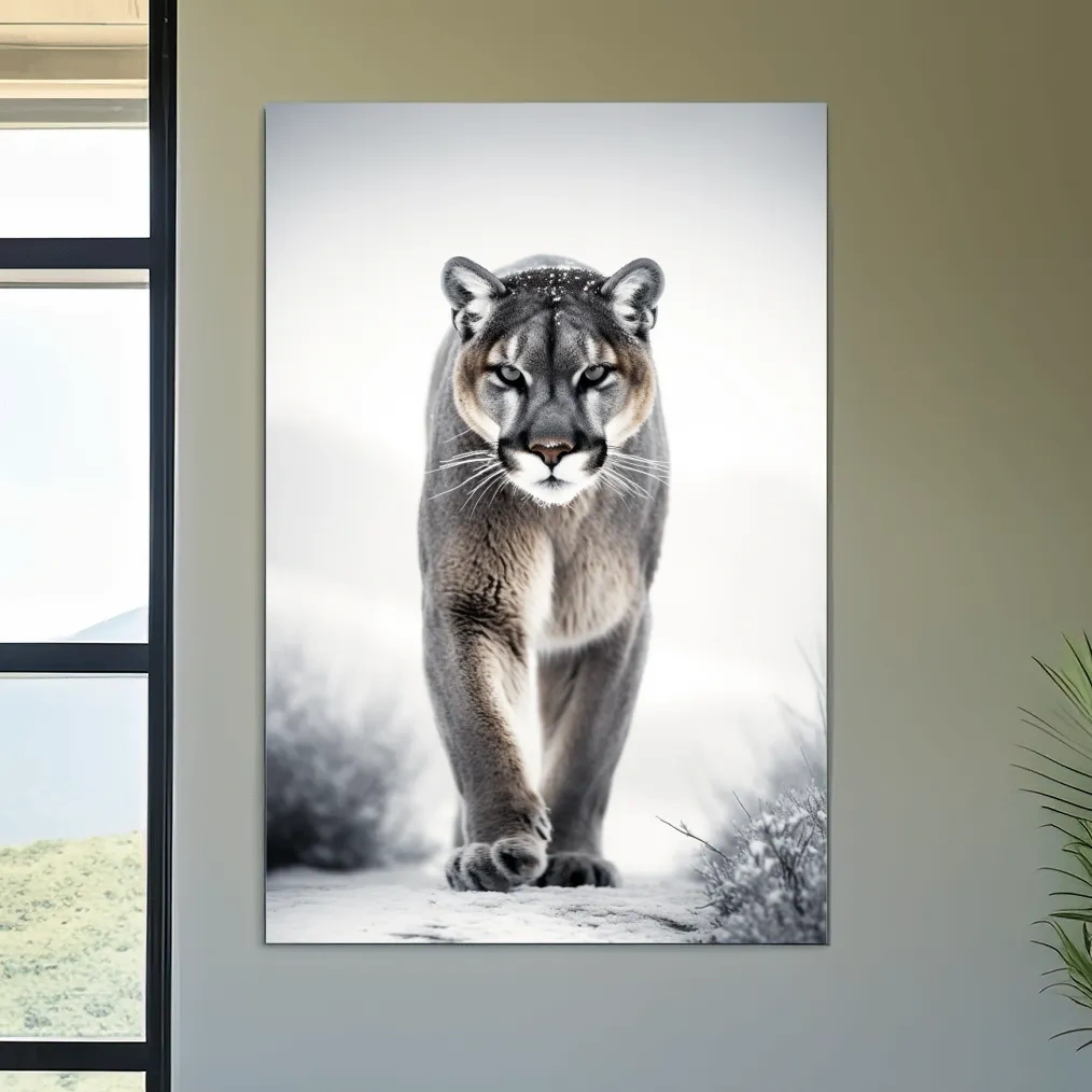 Photograph of a mountain lion walking in snow