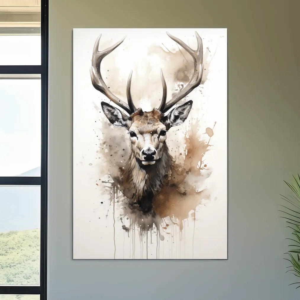 Splattered watercolour painting of a deers head