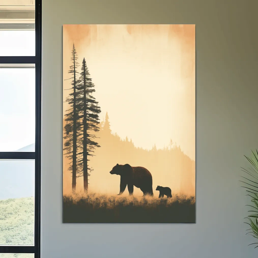 Grizzly Bear And Cub Silhouettes - Misty Forest Minimalist Wall Art