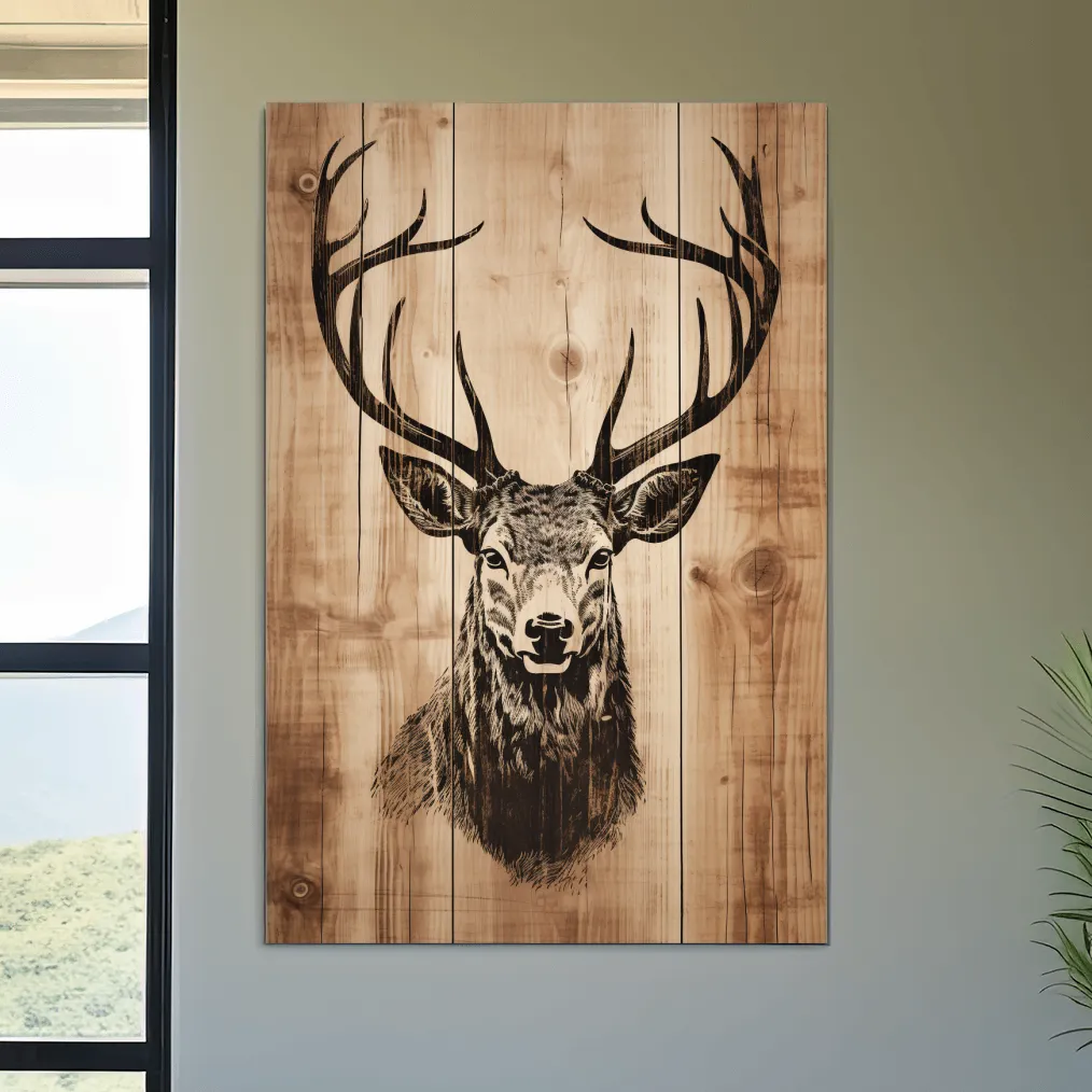 Wood burning style art, deer head on wooden panels