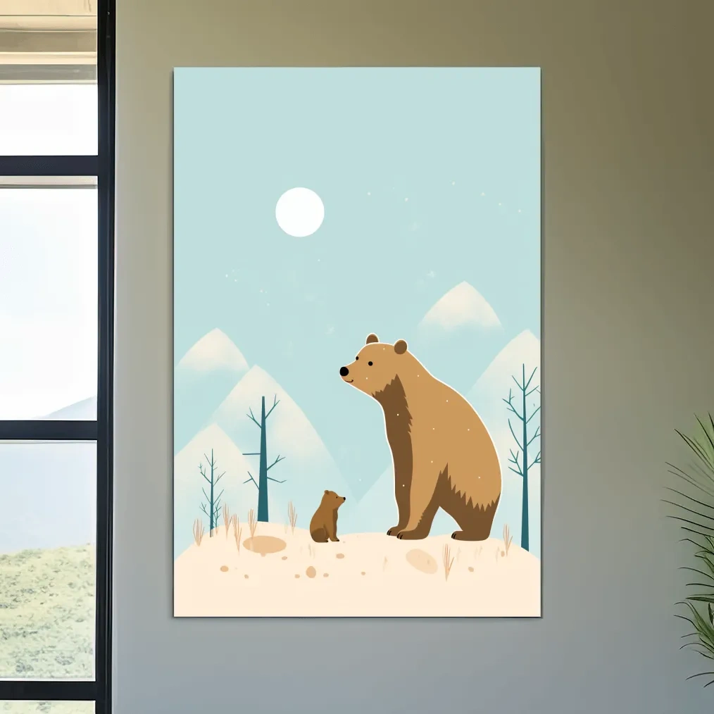 Minimal illustration art of a mama bear and her cub