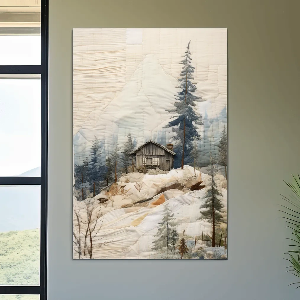 Cabin in the alpine forest, patchwork fabric style mountain wall art