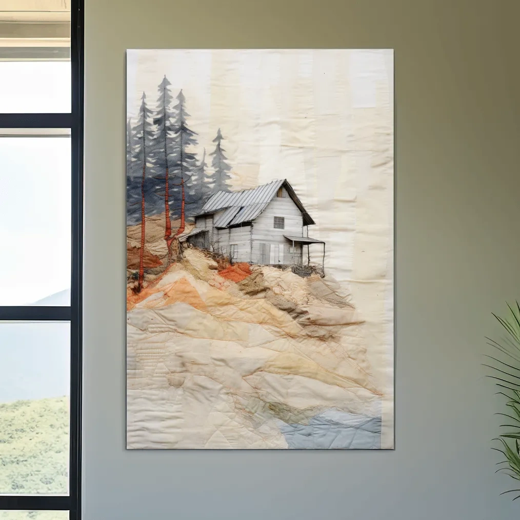 Rustic cabin artwork, fabric patchwork style