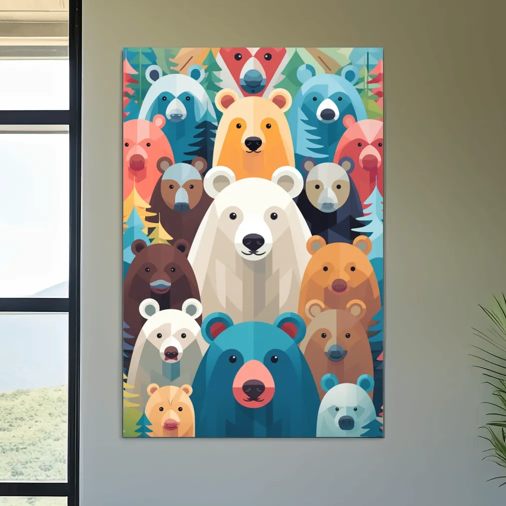 Illustration of colorful vibrant bears, childrens bedroom artwork