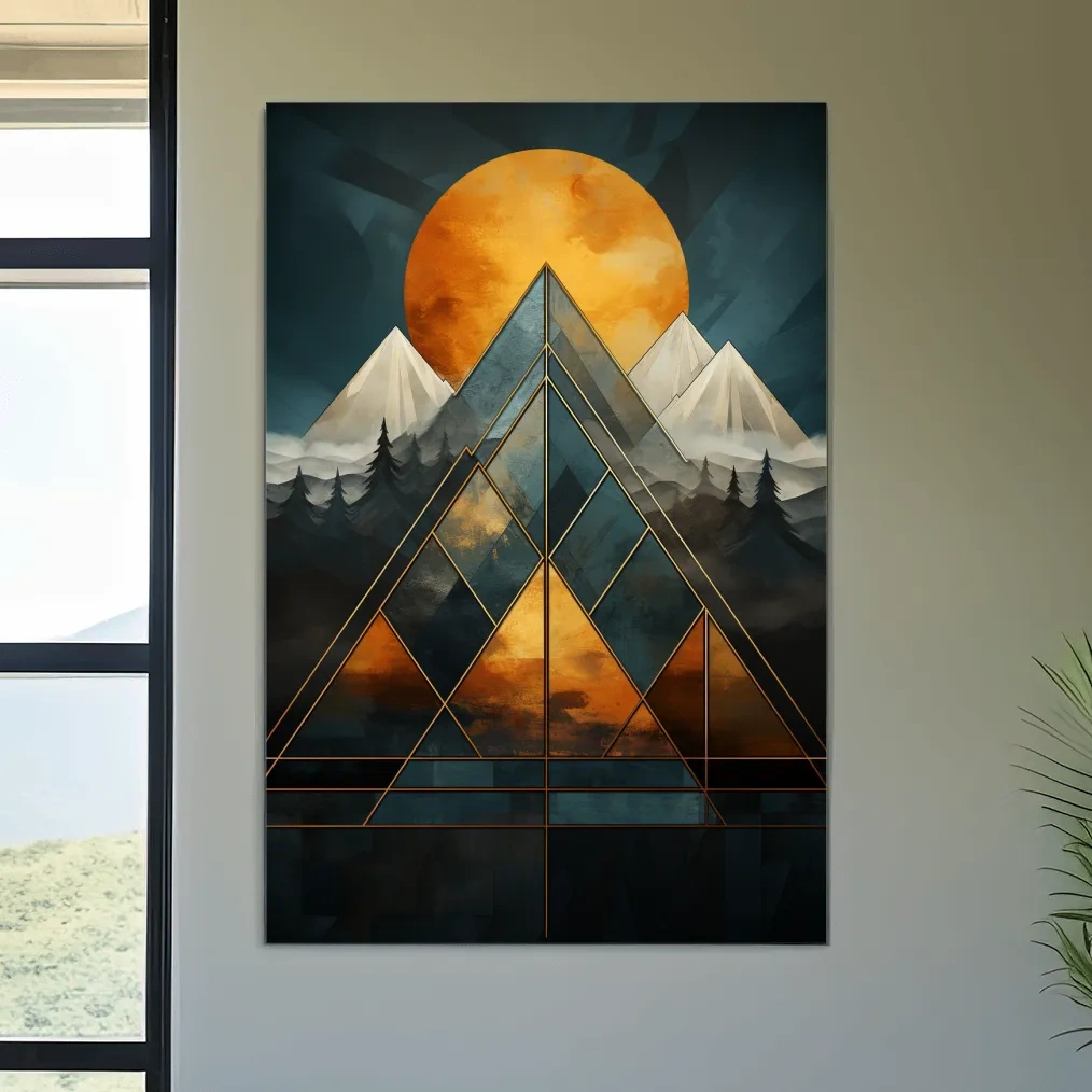 Leadlight style mountain artwork, sunset over glaciers and forest