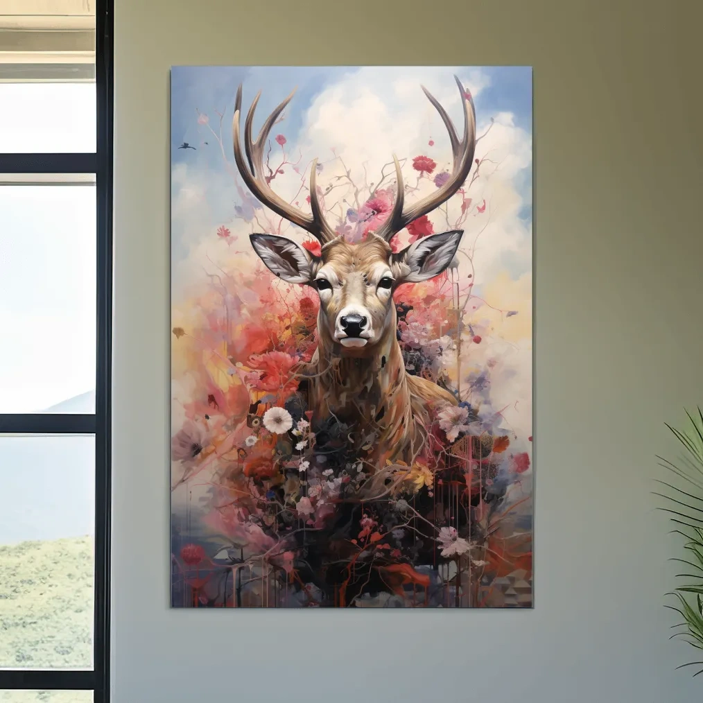 Painting of a deer head wrapped in flowers