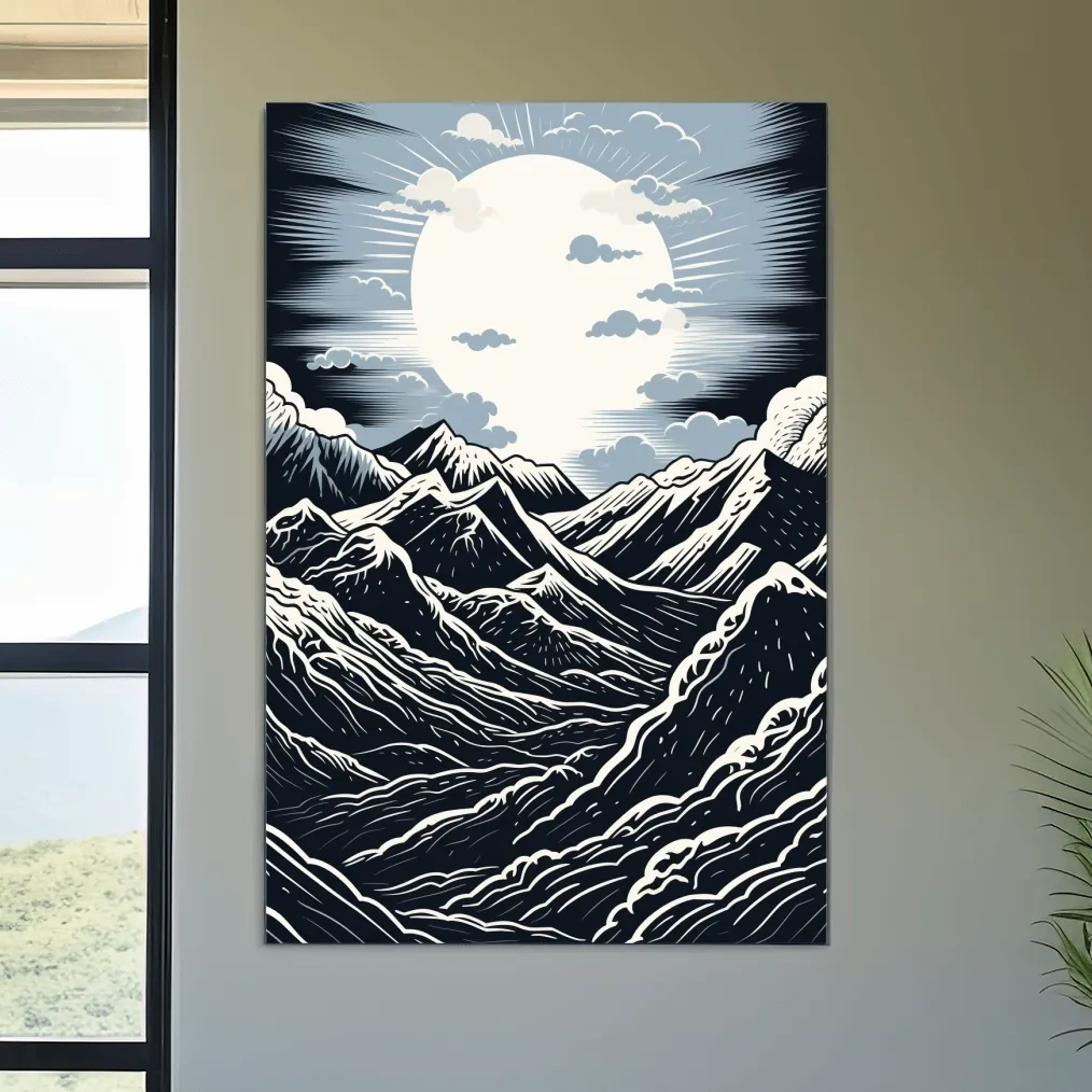Linocut style mountain art illustration