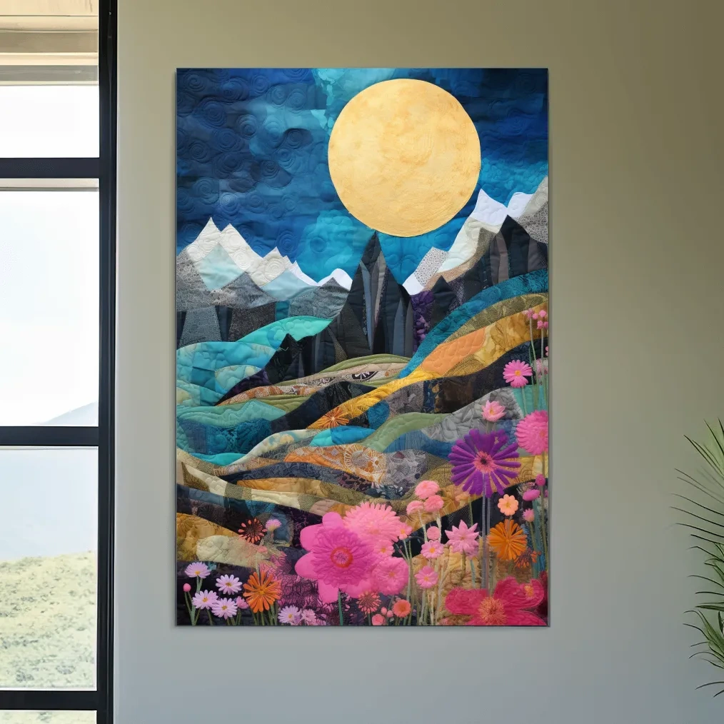 Handstitched patchwork style art, alpine flowers mountain artwork