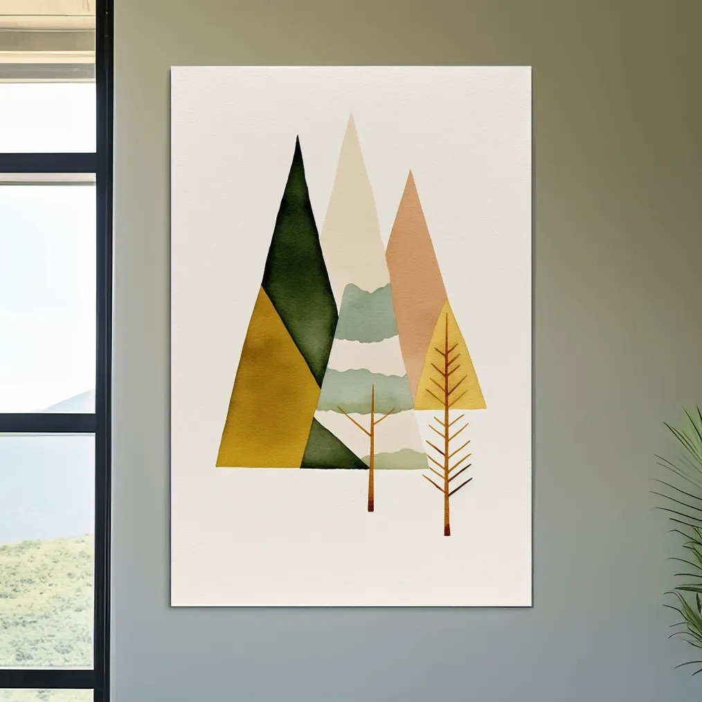 Minimalist Scandinavian Geometric Mountains - Modern Watercolor Forest Landscape Wall Art