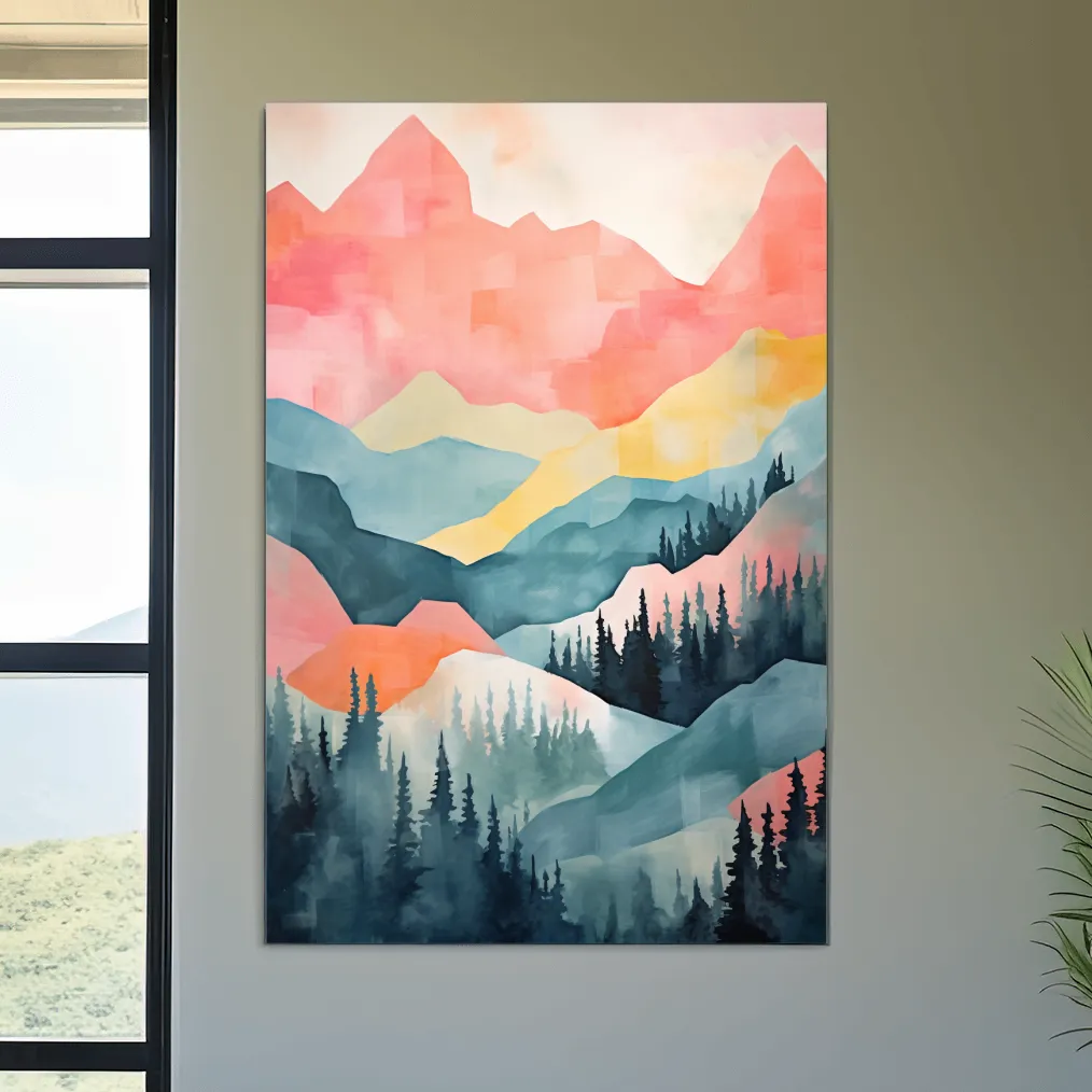 Abstract colorful painting of alpine mountains and trees