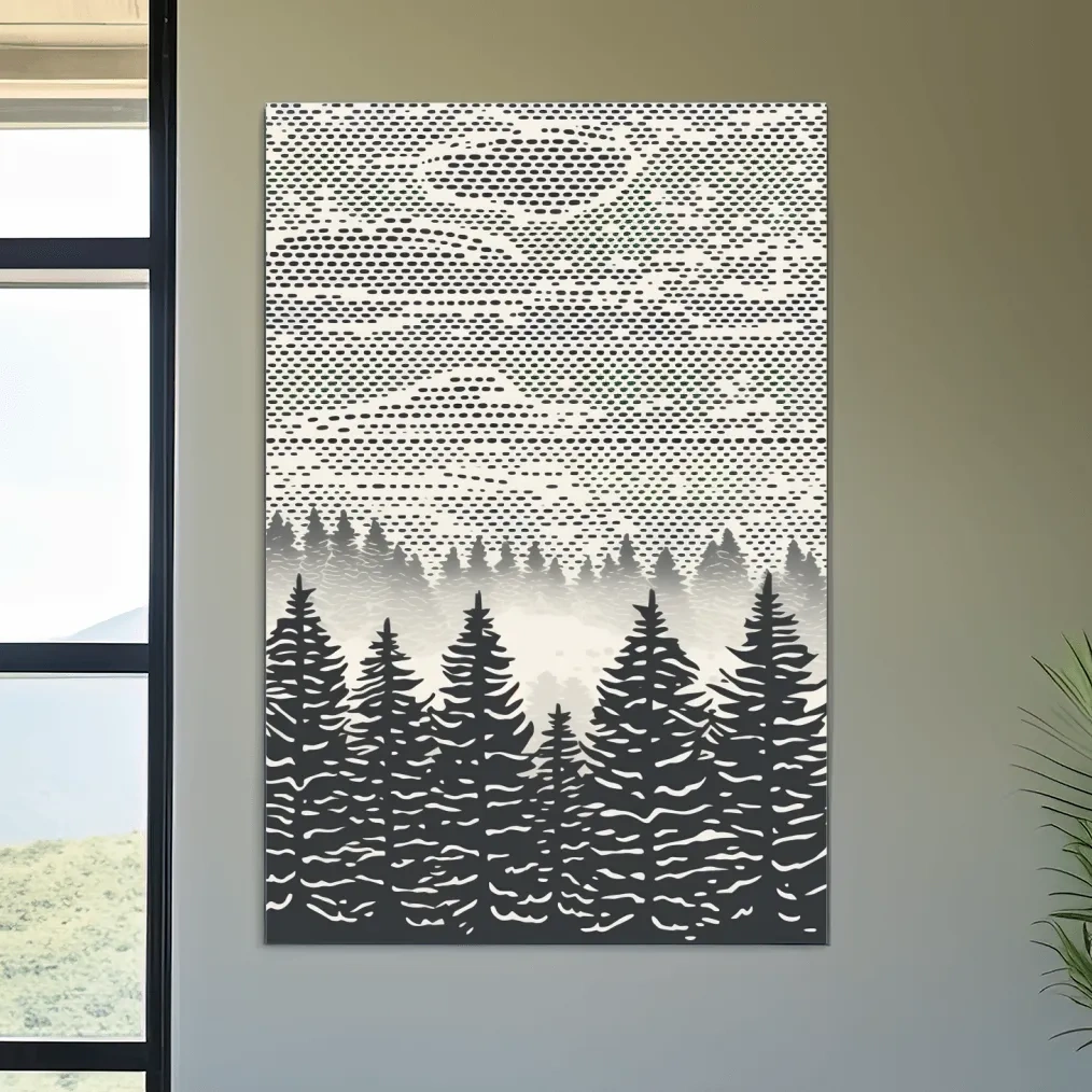 Black & white forest illustration art, dot pattern linocut style