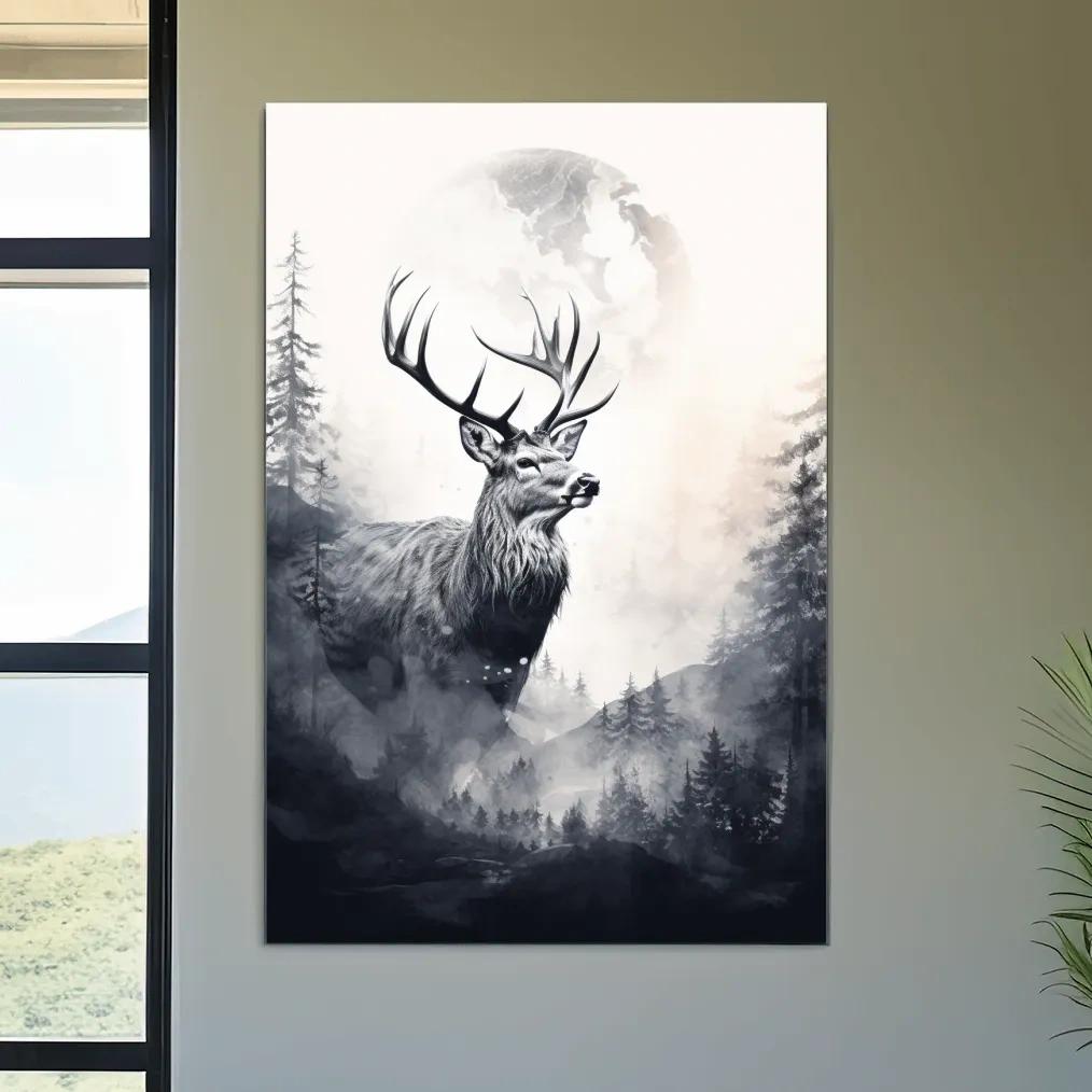 Deer and forest artwork drawing, double exposure style