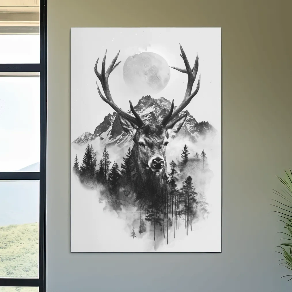 Double exposure style drawing artwork of a deer, forest, glacier and moon